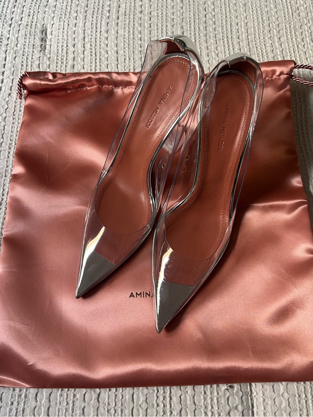 Amina Muaddi Clear PVC Pointed Toe heel with Rust Insole